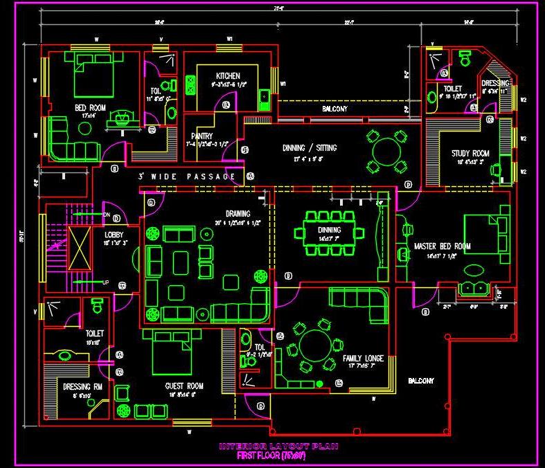 Spacious 3-Bedroom Apartment Design in 75'x60' AutoCAD DWG